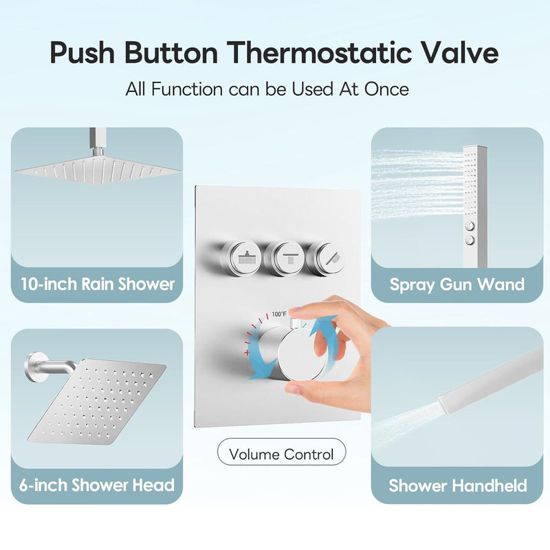 Bostingner 10+6 Inch Dual Shower Head Thermostatic Systems with 2 Function Wand Brushed Nickel - Bostingner