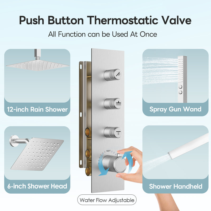 Bostingner 12+6 Inch Dual Shower Head Thermostatic Systems Brushed Nickel (Push Button) - Bostingner