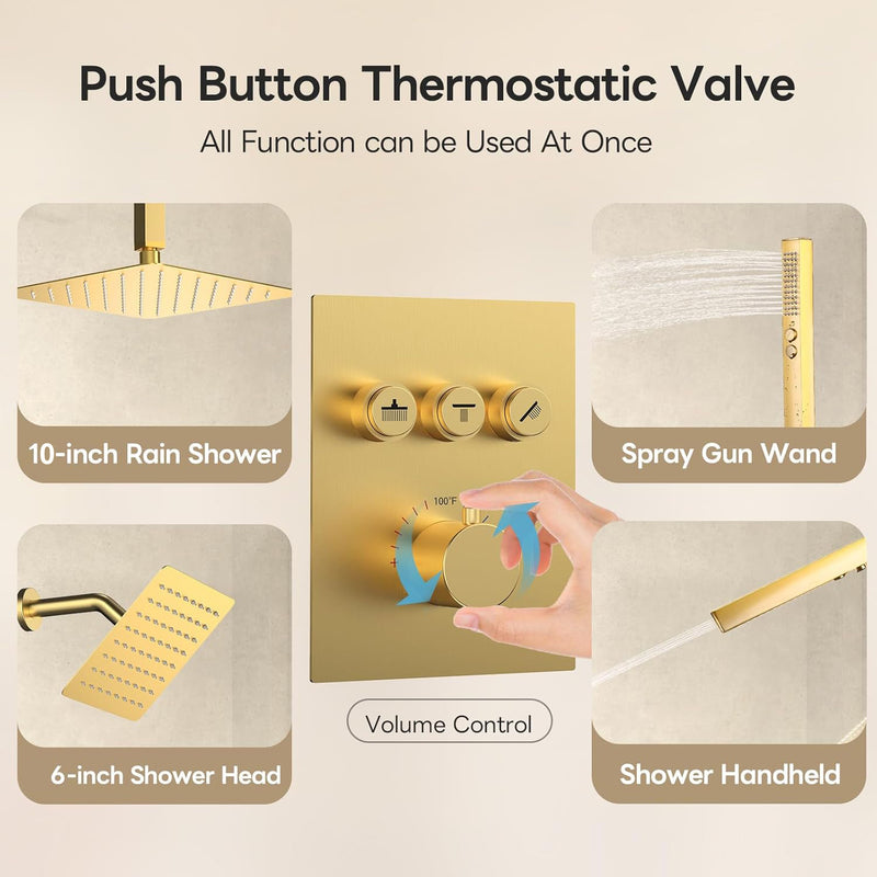 Bostingner 10+6 Inch Dual Shower Head Thermostatic Systems with 2 Function Wand Gold - Bostingner