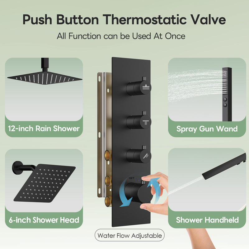 Bostingner 12+6 Inch Dual Shower Head Thermostatic Systems Matte Black (Knob) - Bostingner