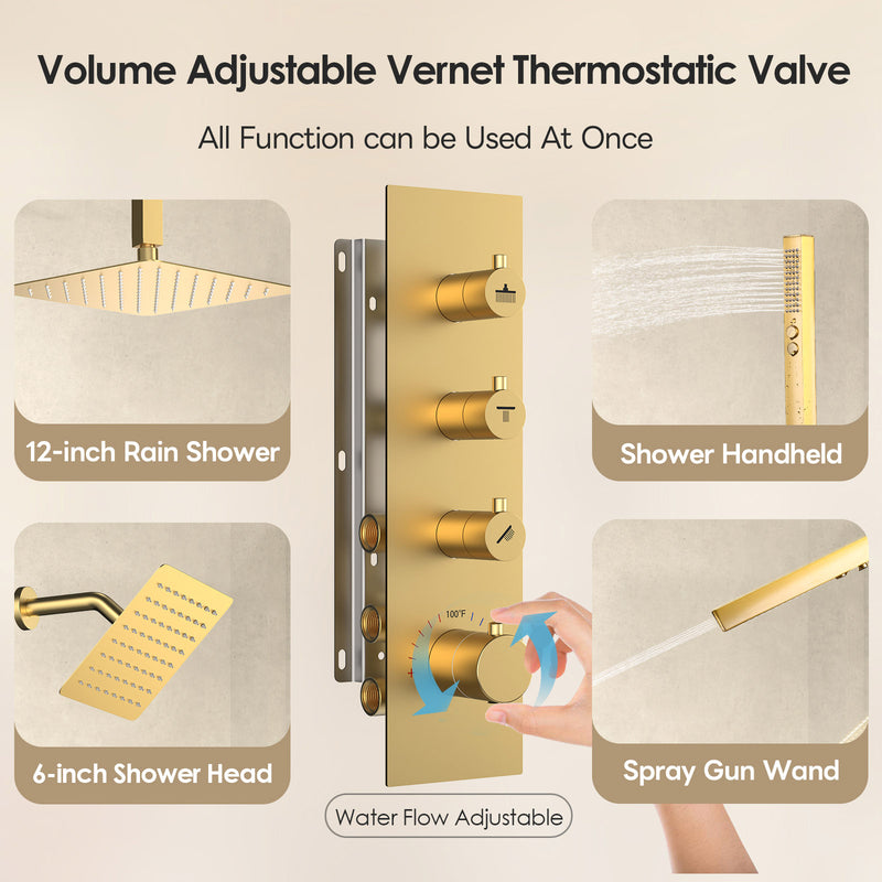 Bostingner 12+6 Inch Dual Shower Head Thermostatic Systems Gold (Knob) - Bostingner