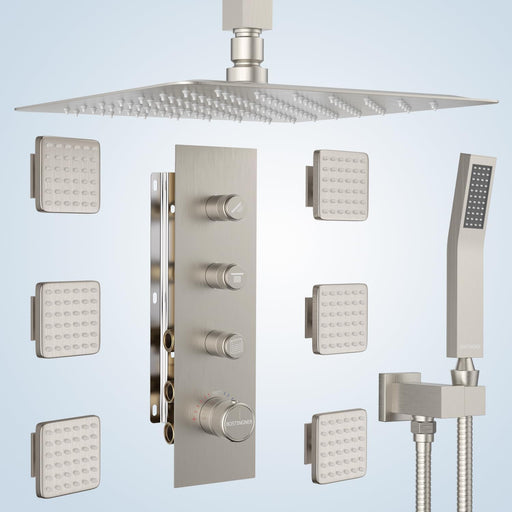 Bostingner Thermostatic Shower System Ceiling Mounted Square 16 Inch Brushed Nickel