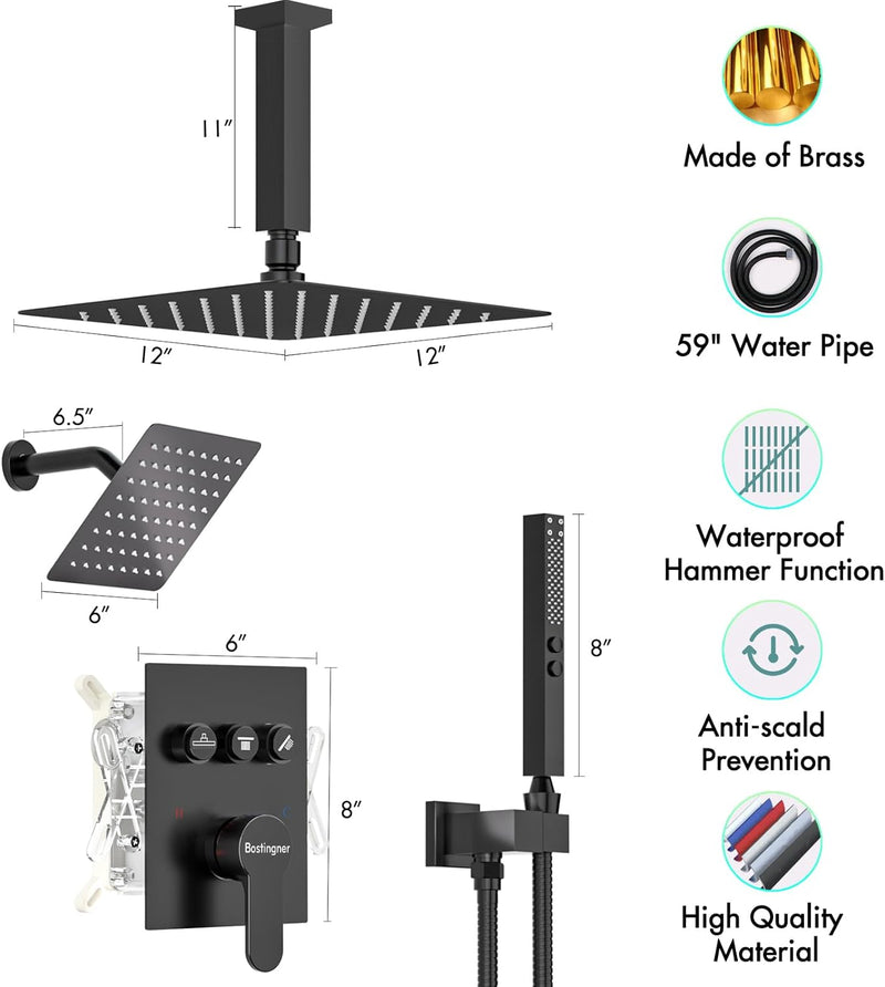 Bostingner 12" Dual Shower Head System with 6" Rainfall Showerhead Black - Bostingner