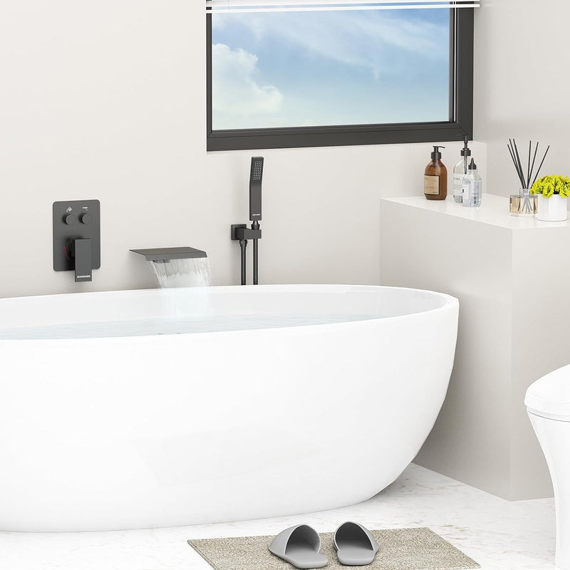 Bostingner Waterfall Bathtub Faucet Set with Sprayer Push Button Matte Black - Bostingner