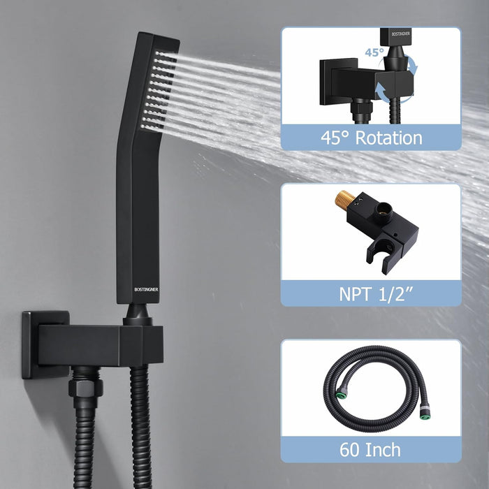 EMBATHER Shower Faucet Sets - Overhead Rain Head Shower System With High Pressure Handheld Complete Combo And Mixer Valve Trim Kit - Matte Black Rainfall Shower Fixture For Luxury Bathroom, Bathtub