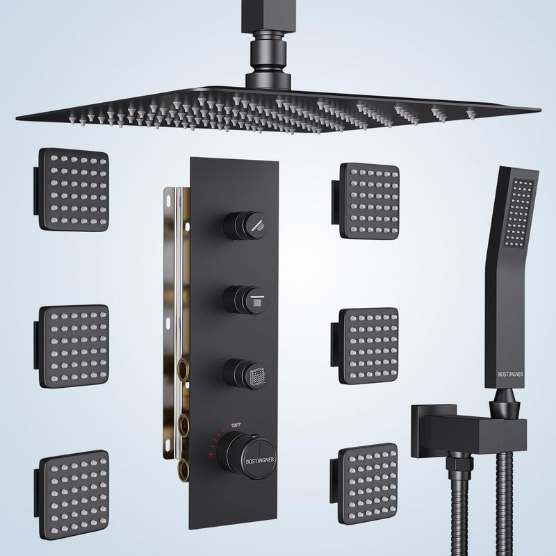 Bostingner Thermostatic Shower System Ceiling Mounted Square 16 Inch Matte Black