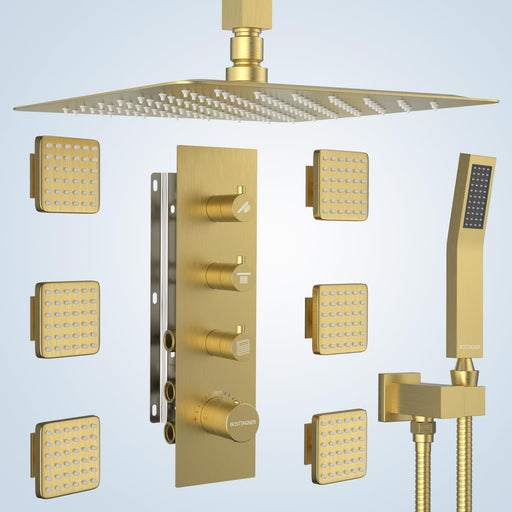 Bostingner Thermostatic Shower System Ceiling Mounted 16 Inch Brushed Gold Knob