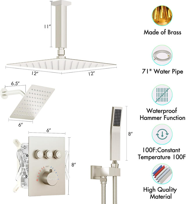 Bostingner 12" Dual Head Thermostatic Shower with 6" Rainfall Showerhead - Bostingner