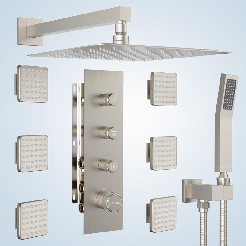 Bostingner Thermostatic Shower System Wall Mounted Square 12 Inch Brushed Nickel