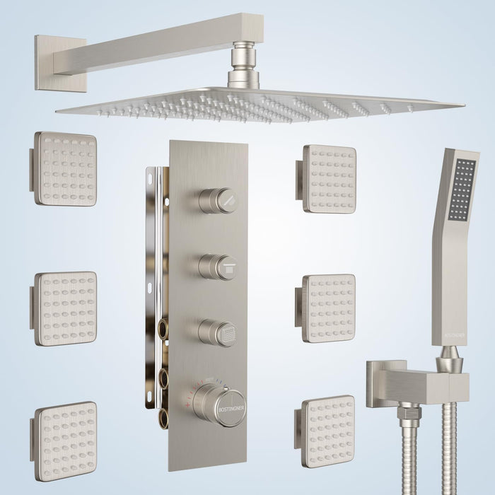 Bostingner Thermostatic Shower System Wall Mounted Square 12 Inch Brushed Nickel