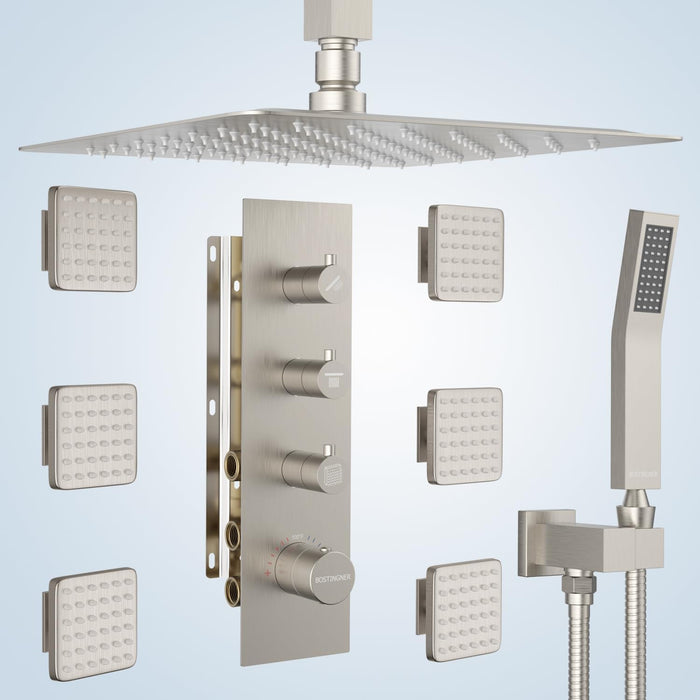 Bostingner Thermostatic Shower System with Spray Jets Ceiling Mounted 16 Inch Brushed Nickel Knob