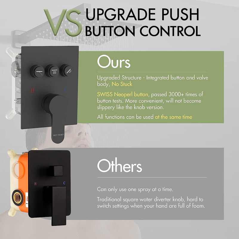 Bostingner 3 Function Shower System Push Button Black 12 Inch - Bostingner
