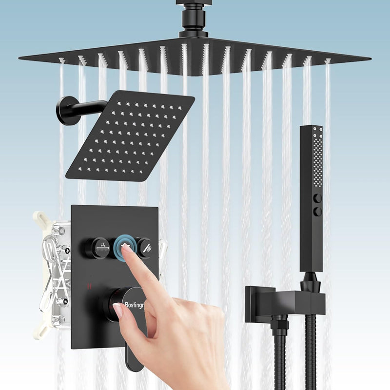 Bostingner 12" Dual Shower Head System with 8" Rainfall Showerhead Black - Bostingner