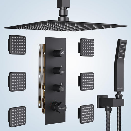 Bostingner Thermostatic Shower System with Body Jets Ceiling Mounted 16 Inch Matte Black Knob