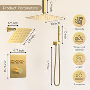 Bostingner 10+6 Inch Dual Shower Head Thermostatic Systems with 2 Function Wand Gold - Bostingner