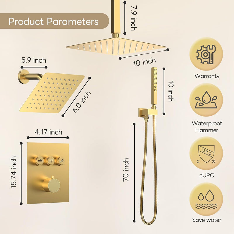 Bostingner 10+6 Inch Dual Shower Head Thermostatic Systems with 2 Function Wand Gold - Bostingner