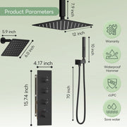 Bostingner 12+6 Inch Dual Shower Head Thermostatic Systems Matte Black (Knob) - Bostingner
