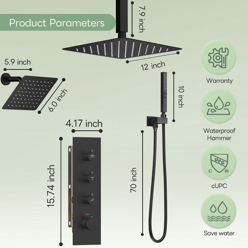 Bostingner 12+6 Inch Dual Shower Head Thermostatic Systems Matte Black (Knob) - Bostingner