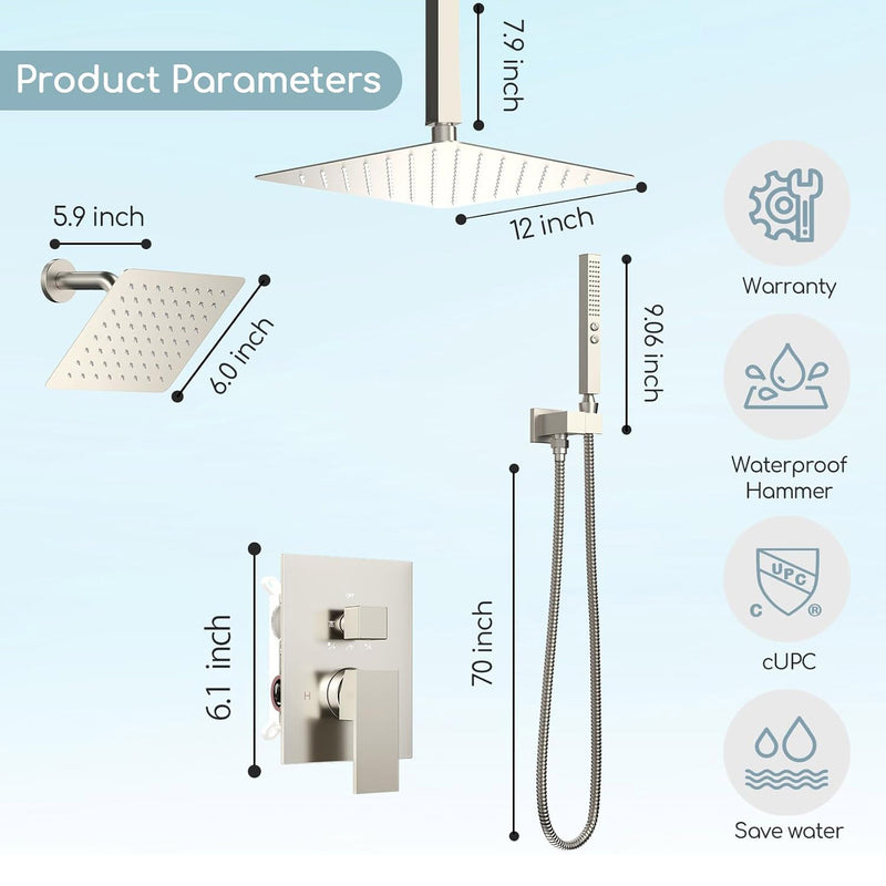 Bostingner 12+6 Inch Dual Shower Head System Brushed Nickel (Five Function) - Bostingner