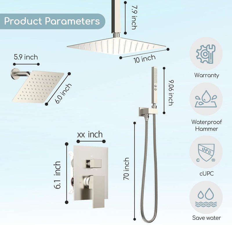 Bostingner 10+6 Inch Dual Shower Head System Brushed Nickel (Five Function) - Bostingner