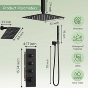 Bostingner 12+6 Inch Dual Shower Head Thermostatic Systems Matte Black (Push Button) - Bostingner