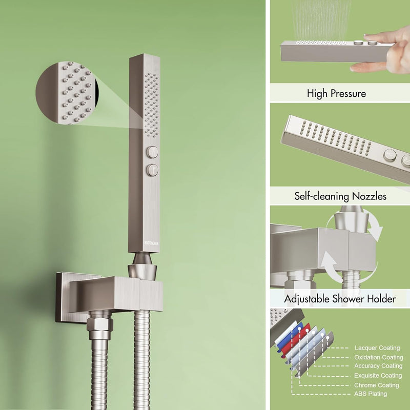 Bostingner 12+6 Inch Dual Shower Head Thermostatic Systems with 2 Function Wand Brushed Nickel - Bostingner