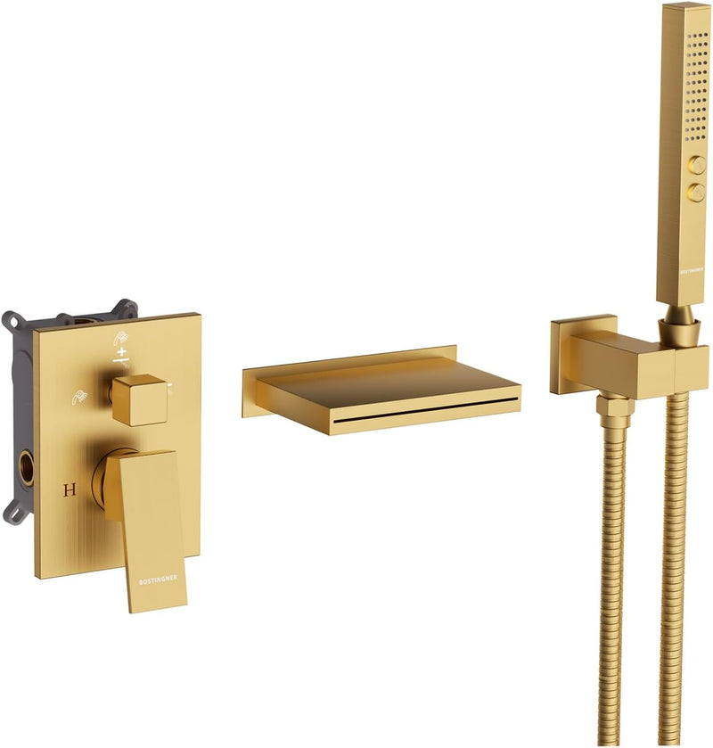 Bostingner 5.9" Waterfall Bathtub Faucet Set with 2 In 1 Handheld Sprayer Gold - Bostingner