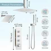 Bostingner 12+6 Inch Dual Shower Head Thermostatic Systems Brushed Nickel (Push Button) - Bostingner