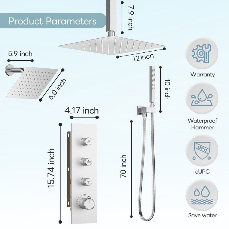 Bostingner 12+6 Inch Dual Shower Head Thermostatic Systems Brushed Nickel (Push Button) - Bostingner