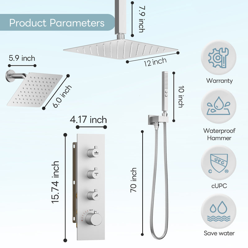 Bostingner 12+6 Inch Dual Shower Head Thermostatic Systems Brushed Nickel (Knob) - Bostingner