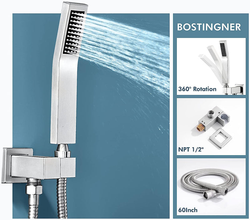 Bostingner Rain Shower System with Body Spray Jets Thermostatic Wall Mount Brushed Nickel 12 Inch - Bostingner