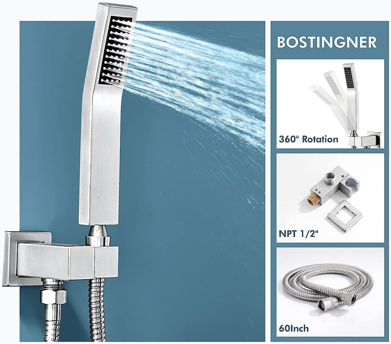 Bostingner Rain Shower System with Body Spray Jets Thermostatic Wall Mount Brushed Nickel 12 Inch - Bostingner