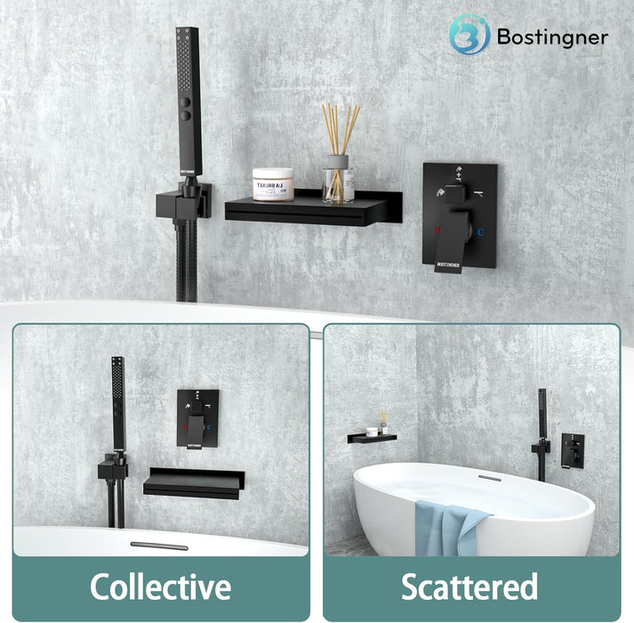 Bostingner 5.9" Waterfall Bathtub Faucet Set with 2 In 1 Handheld Sprayer Black - Bostingner