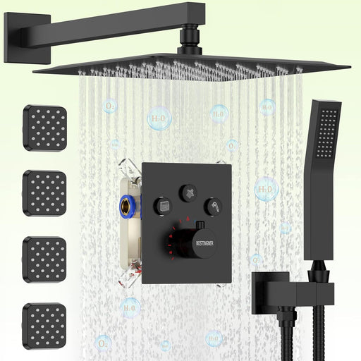 Bostingner Rain Shower System with Body Spray Jets Thermostatic Wall Mount Matte Black 12 Inch - Bostingner