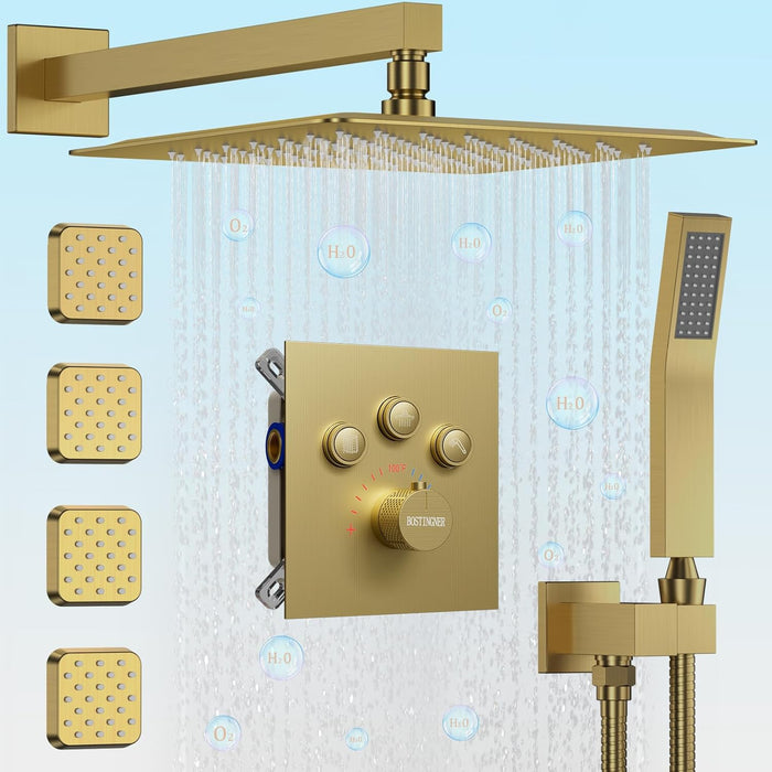 Bostingner Rain Shower System with Body Spray Jets Thermostatic Wall Mount Gold 12 Inch - Bostingner