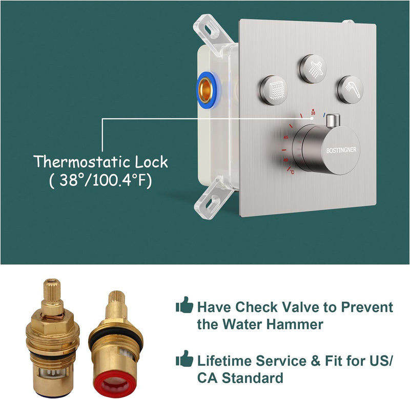 Bostingner Shower System Thermostatic with 6 Pcs Body Jets Wall Mounted Brushed Nickel 12 Inch - Bostingner
