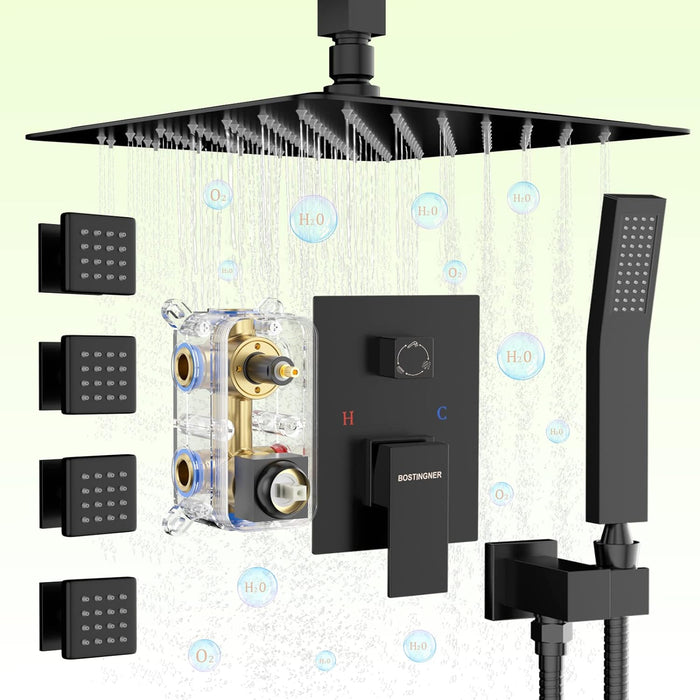 Bostingner Shower System with Body Spray Jets Ceiling Mounted Matte Black 10 Inch - Bostingner