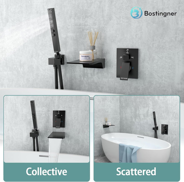 Bostingner 3.9" Waterfall Bathtub Faucet Set with 2 In 1 Handheld Sprayer Black - Bostingner