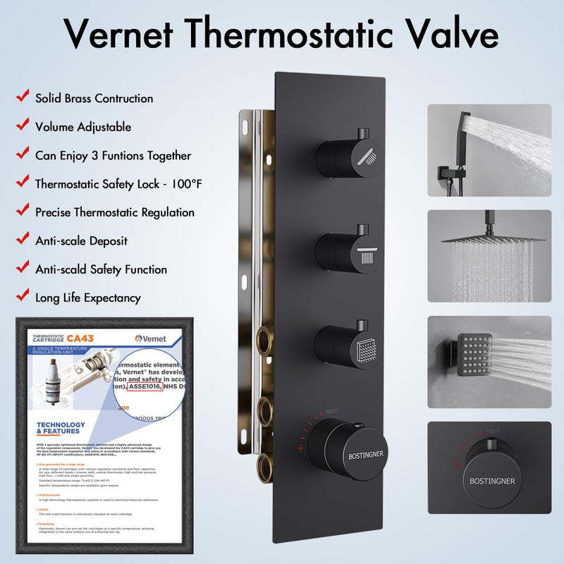 Bostingner Thermostatic Shower System with Body Jets Ceiling Mounted 16 Inch Matte Black Knob