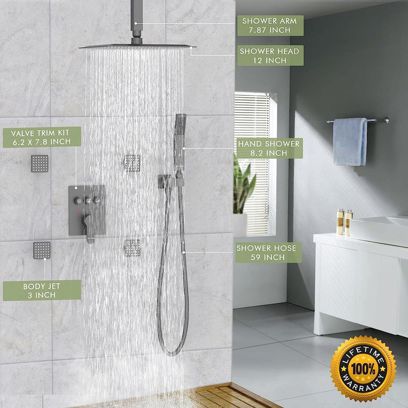 Bostingner 3 Function Ceiling Mount Shower System Push Button Black 12 Inch - Bostingner