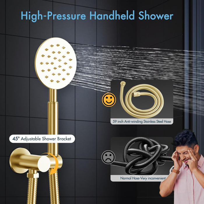 Bostingner Thermostatic Shower System Round 12 Inch Brushed Gold - Bostingner