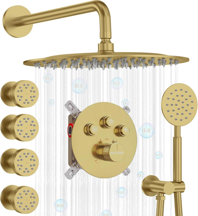 Bostingner Thermostatic Shower System Round 12 Inch Brushed Gold - Bostingner