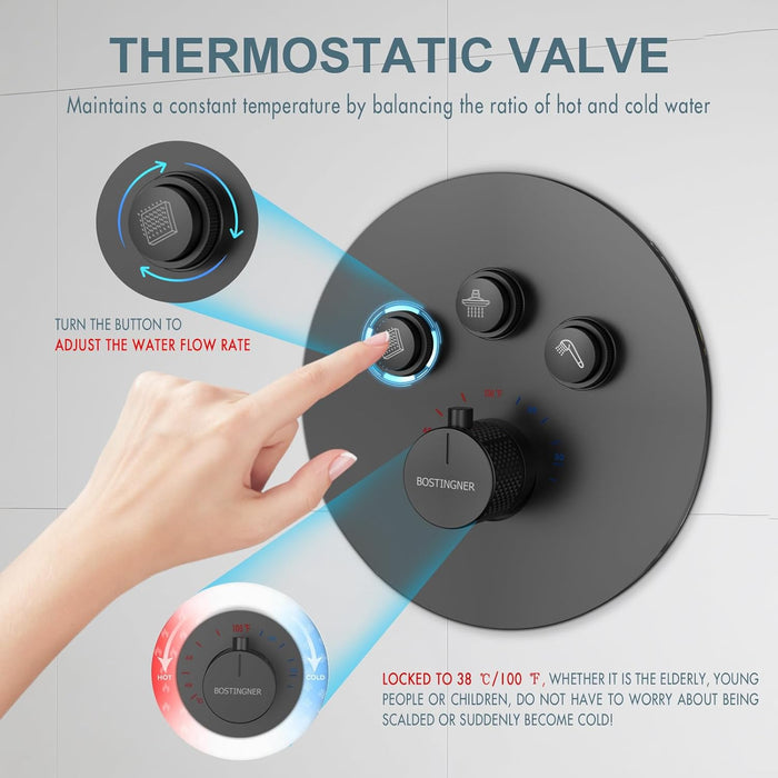 Bostingner Thermostatic Shower System Round 12 Inch Black