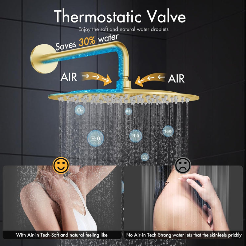Bostingner Thermostatic Shower System Round 12 Inch Brushed Gold - Bostingner