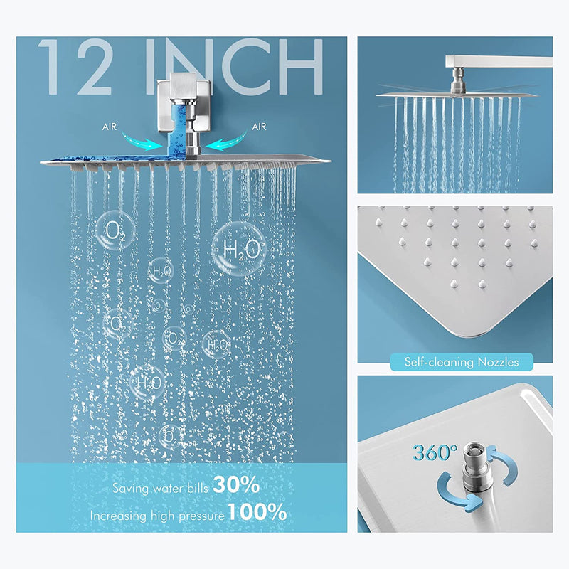 Bostingner Rain Shower System with Body Spray Jets Thermostatic Wall Mount Brushed Nickel 12 Inch - Bostingner