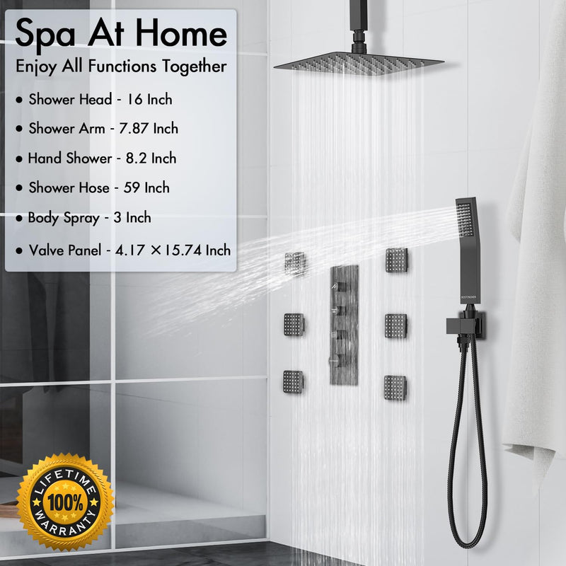 Bostingner Thermostatic Shower System with Body Jets Ceiling Mounted 16 Inch Matte Black Knob