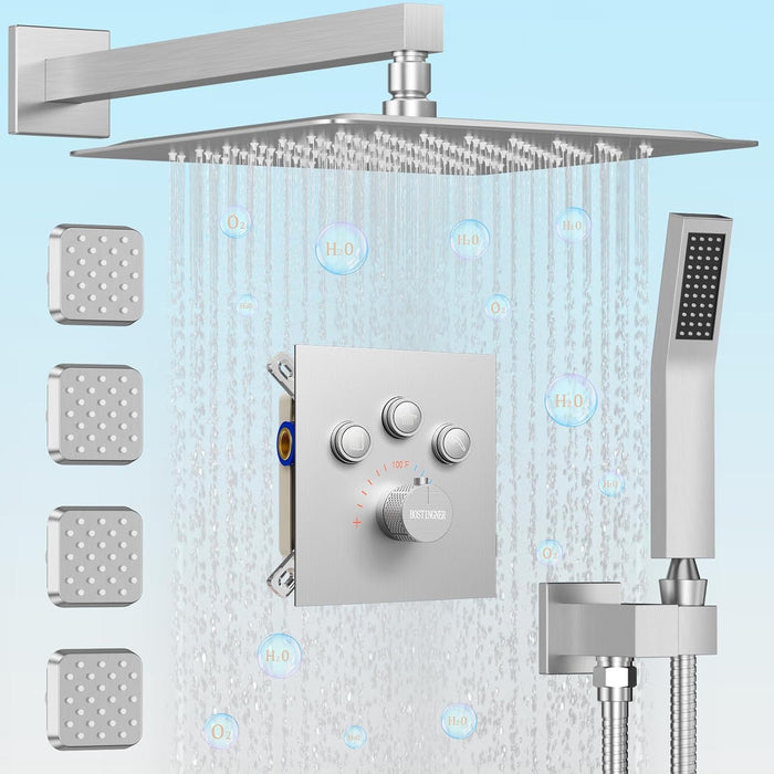 Bostingner Rain Shower System with Body Spray Jets Thermostatic Wall Mount Brushed Nickel 12 Inch - Bostingner