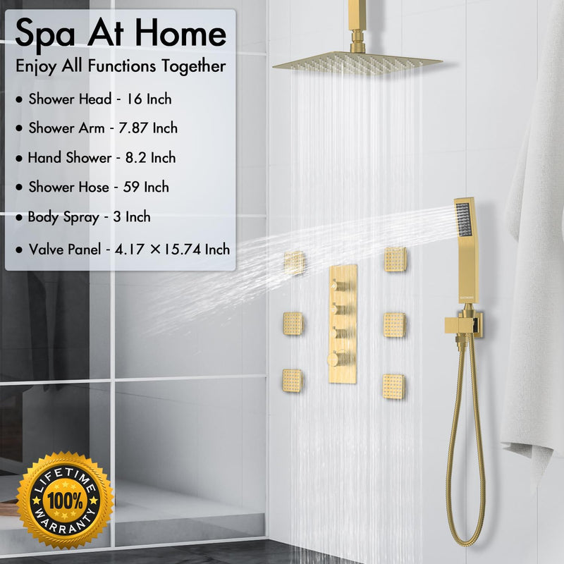 Bostingner Thermostatic Shower System Ceiling Mounted 16 Inch Brushed Gold Knob