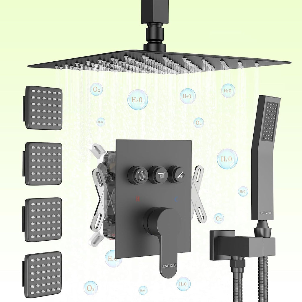 Bostingner 3 Function Ceiling Mount Shower System Push Button Black 12 Inch