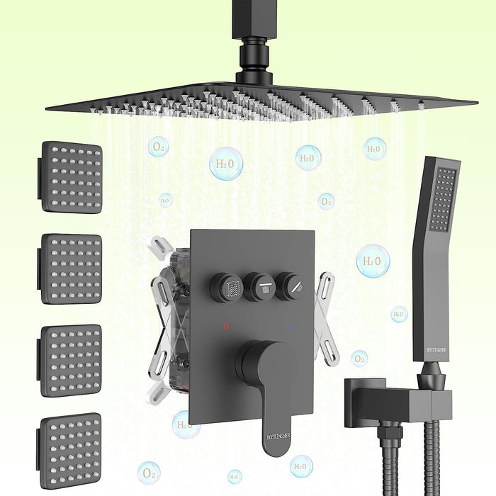 Bostingner 3 Function Ceiling Mount Shower System Push Button Black 12 Inch - Bostingner